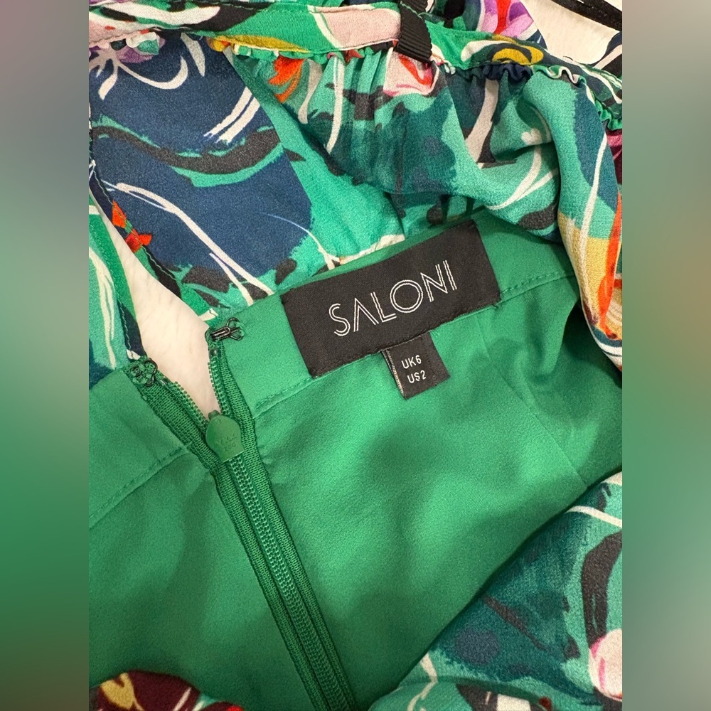 Saloni Jennie Ruffle Silk Dress Emerald Kingcup Size 2 - Picture 14 of 15